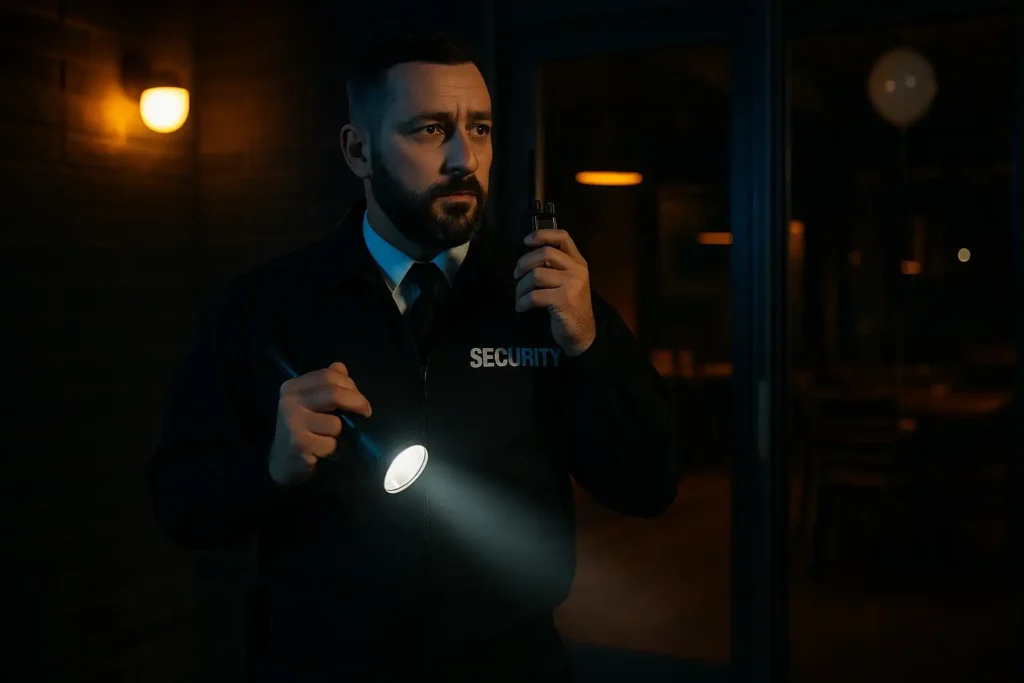 A male security officer standing outside a building at night, holding a flashlight and speaking into a two-way radio. He is alert and scanning the area, with warm and cool lighting reflecting on his uniform and surroundings.