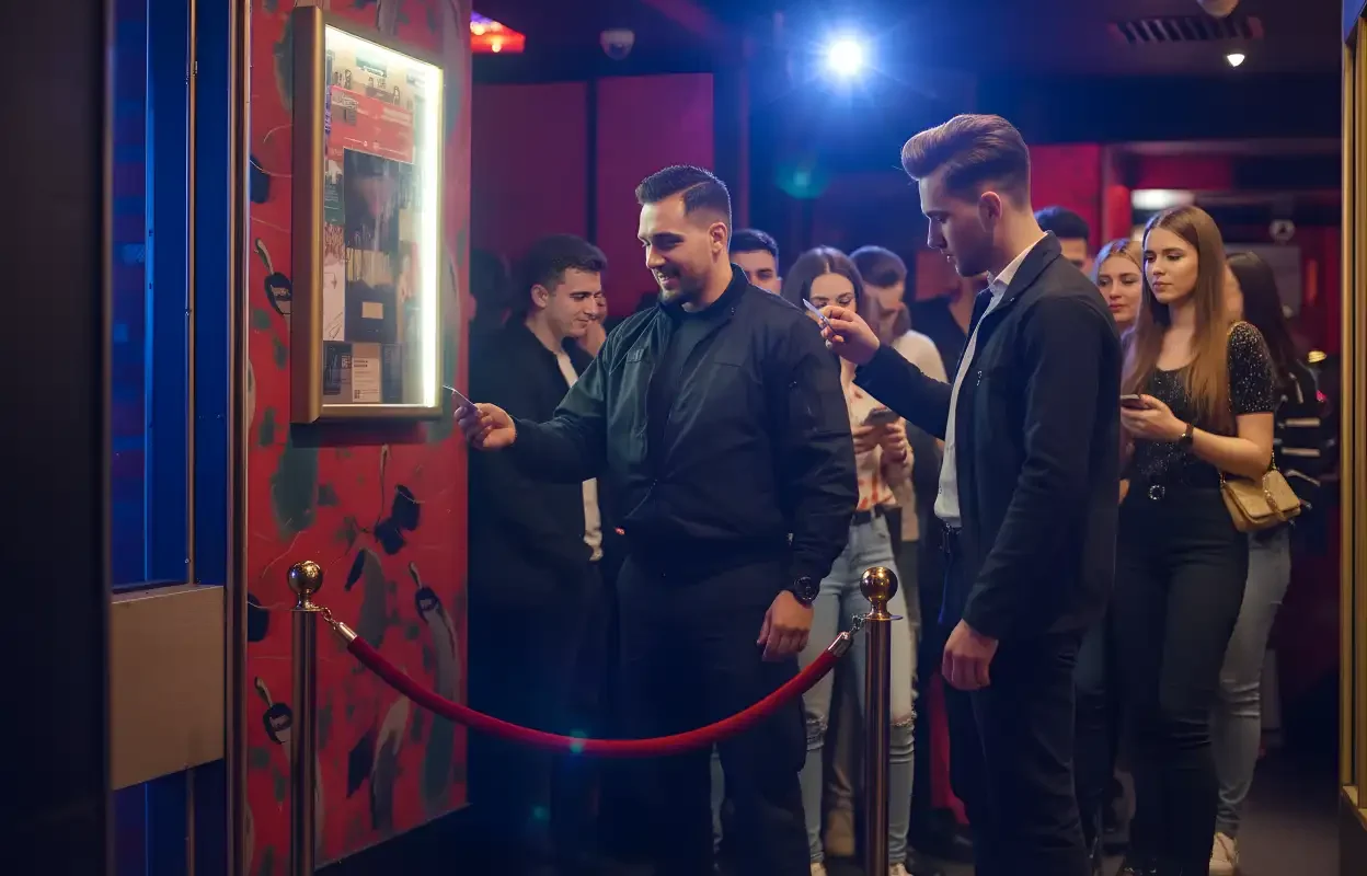 Nightclub security guard checking guest IDs at the entrance while people wait in line behind a red rope barrier under warm indoor lighting.