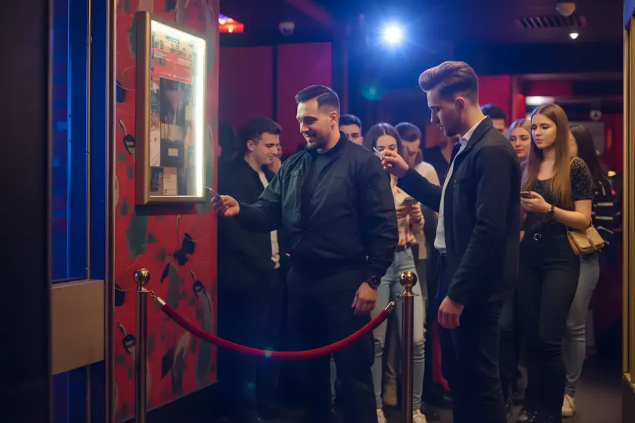 Nightclub security guard checking guest IDs at the entrance while people wait in line behind a red rope barrier under warm indoor lighting.