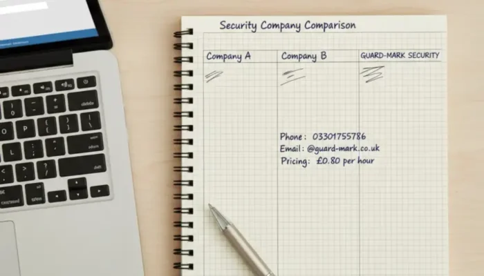 Image showing a handwritten comparison chart in a notebook for security companies, highlighting Guard-Mark Security's phone, email, and pricing (£0.80 per hour) next to a laptop.