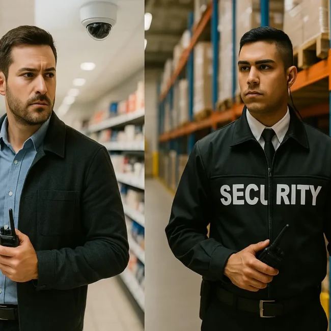Retail store detective monitoring a shop floor and uniformed warehouse security guard patrolling storage aisles under 24-hour CCTV surveillance. Retail store detective monitoring a shop floor and uniformed warehouse security guard patrolling storage aisles under 24-hour CCTV surveillance.