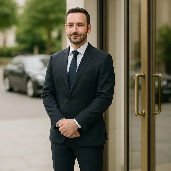 A professional door supervisor for a hotel dressed in a clean-cut, dark suit and tie. He is standing with his hands folded in front of him outside a building with large glass and gold-trimmed doors.