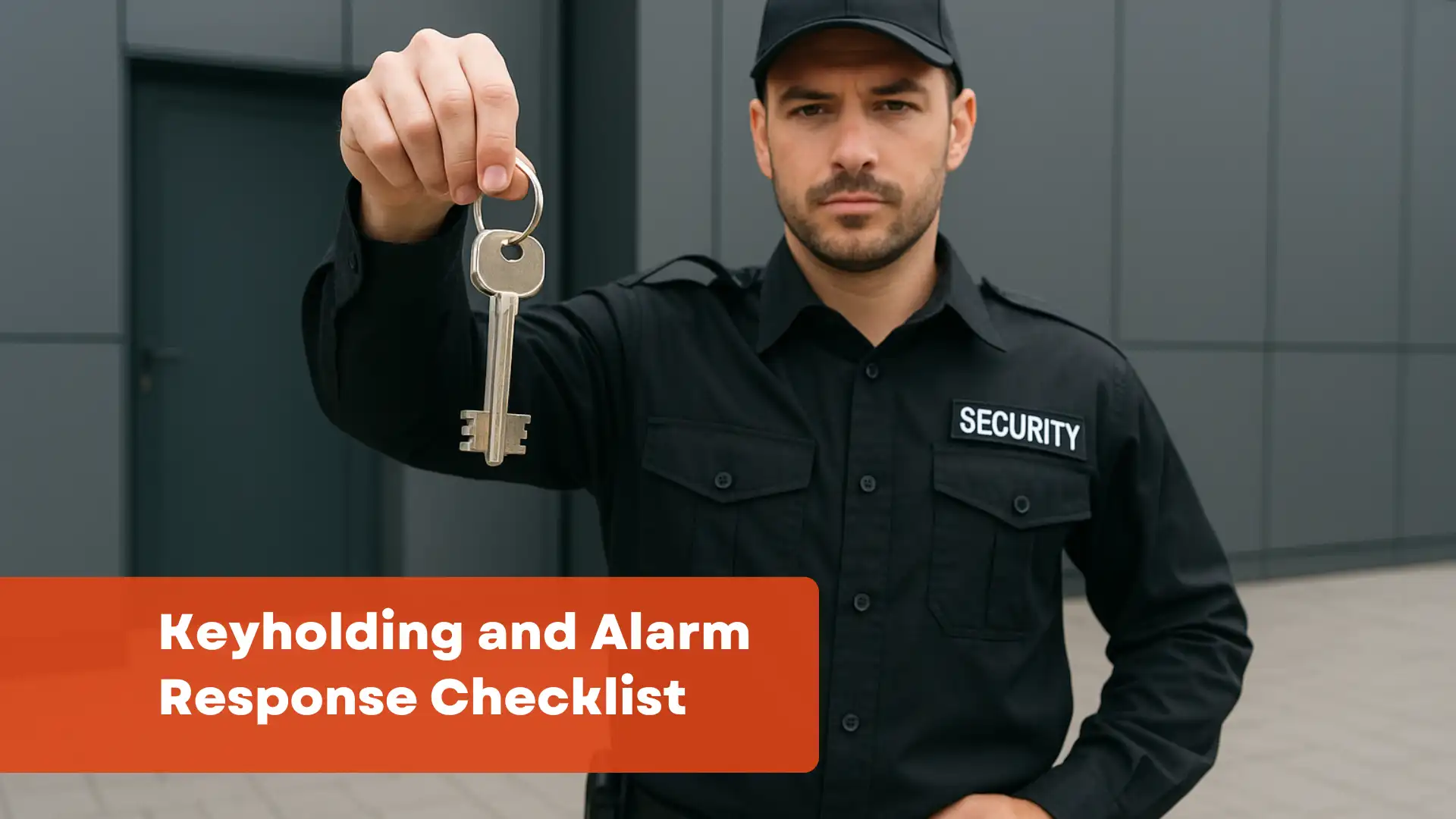 Security professional in a black uniform holding up a door key, with the text overlay 'Keyholding and Alarm Response Checklist' against a modern gray building background.