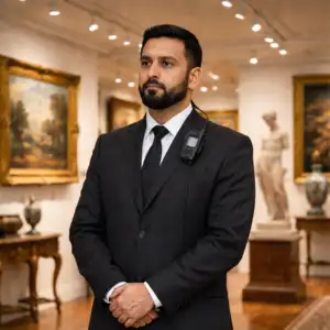 Professional security guard in a black suit standing inside an art gallery with paintings and sculptures in the background. Professional security guard in a black suit standing inside an art gallery with paintings and sculptures in the background.