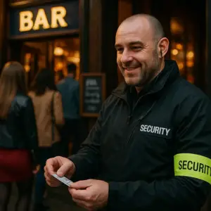 A smiling male door supervisor wearing a black security jacket and neon security armband cheques IDs outside a busy bar entrance, with people entering in the background.
