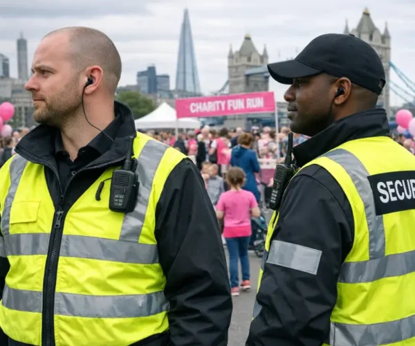 Two professional UK event security guards wearing high-visibility jackets and earpieces monitoring a busy outdoor charity fun run in London, with crowds and city landmarks in the background.
