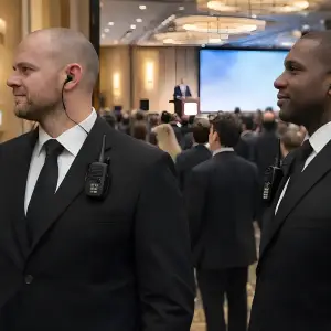 Two professional corporate event security guards in formal black suits with earpieces and radios monitoring a large business conference inside an upscale venue.