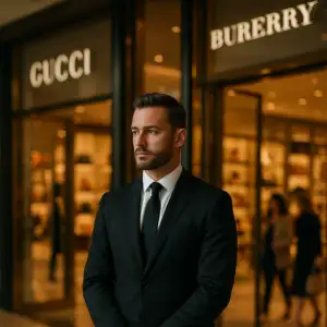 Luxury retail security guard in a black suit standing outside a high end fashion store entrance during evening hours. Luxury retail security guard in a black suit standing outside a high end fashion store entrance during evening hours.