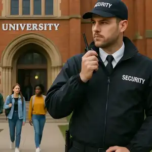 A Security Guard monitoring the educational institute and the students at the college entrance.