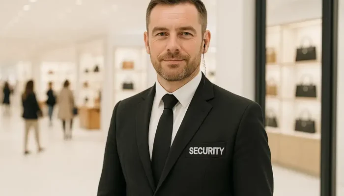 Professional luxury retail security guard wearing a black suit, standing inside a high end retail store with customers in the background.
