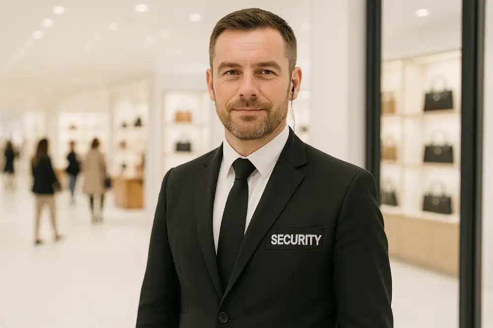Professional luxury retail security guard wearing a black suit, standing inside a high end retail store with customers in the background. Professional luxury retail security guard wearing a black suit, standing inside a high end retail store with customers in the background.