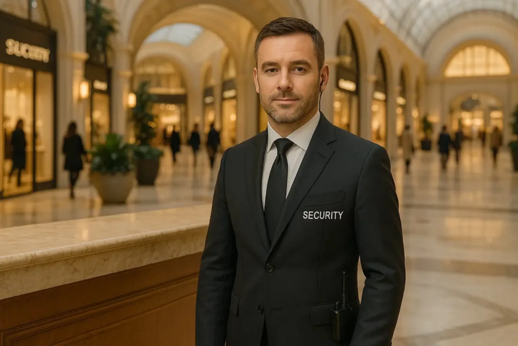 Luxury retail security guard in a black suit standing inside an upscale shopping mall with boutique stores in the background. Luxury retail security guard in a black suit standing inside an upscale shopping mall with boutique stores in the background.
