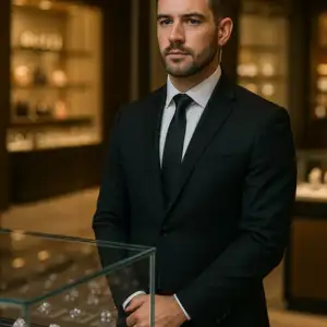 Luxury retail security guard in a black suit standing inside a high end store near a display counter. Luxury retail security guard in a black suit standing inside a high end store near a display counter.