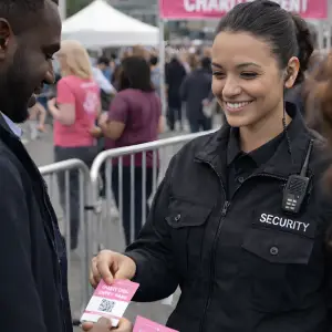 Professional event security guard in a black uniform checking an entry pass at a charity event, interacting politely with an attendee near crowd barriers.