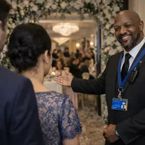 Professional hospitality event security guard in a formal black suit welcoming guests at an elegant venue entrance, with floral décour and attendees visible in the background.
