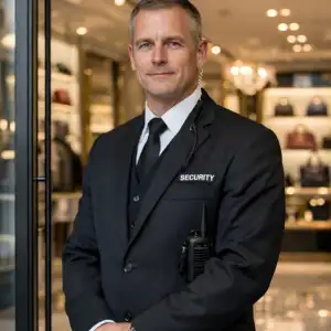 Corporate security officer in a black suit standing inside a modern retail store, wearing an earpiece and radio, professional posture, discreet security presence.