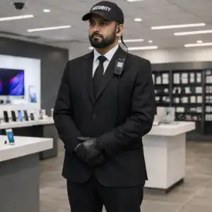 Professional retail security guard in a black suit standing inside a premium electronics store. Professional retail security guard in a black suit standing inside a premium electronics store.