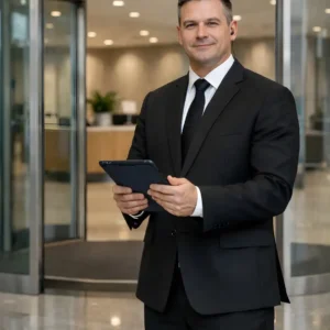 Prestige security guard in a black suit holding a tablet at the entrance of a modern office building.
