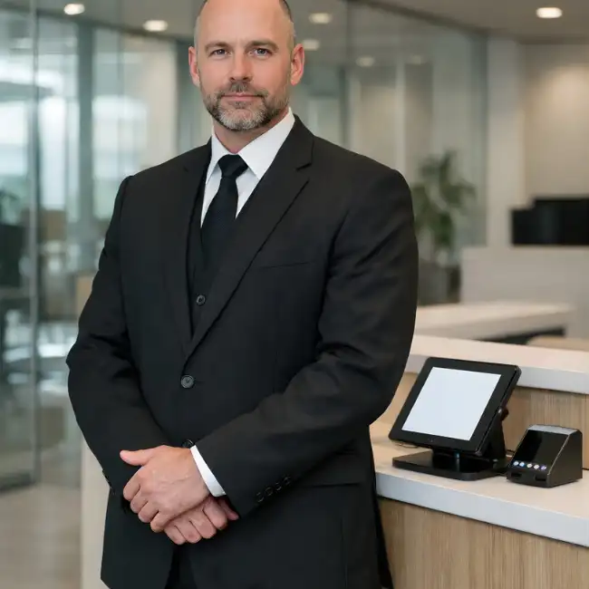 Professional corporate security guard in a black suit standing at a modern office reception desk.