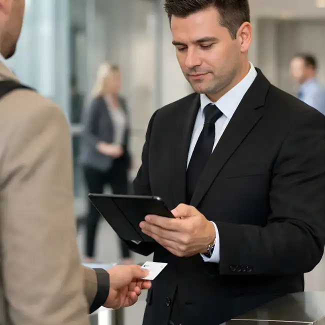 Prestige security guard in a black suit checking visitor details on a tablet at a corporate reception desk.