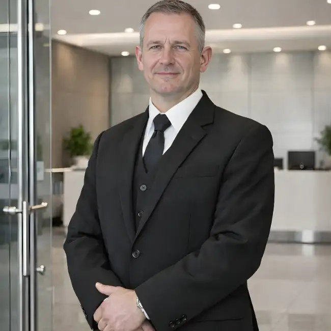 Professional prestige security guard in a black suit standing at the entrance of a modern corporate building.