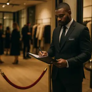 Luxury retail security guard in a black suit checking a clipboard inside a high end store near the entrance. Luxury retail security guard in a black suit checking a clipboard inside a high end store near the entrance.