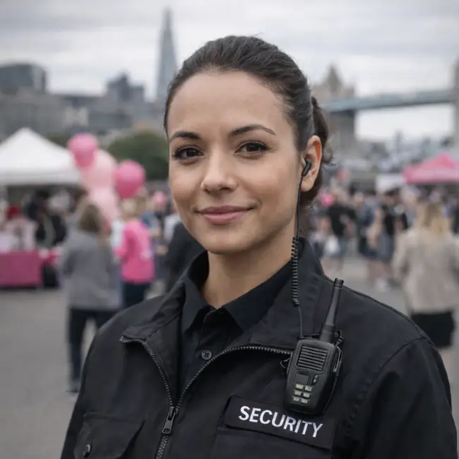 Female event security guard wearing a black uniform with radio and earpiece, standing confidently at an outdoor charity event with a crowd and city landmarks in the background.