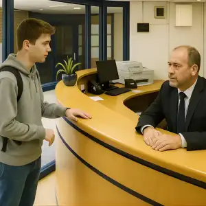 Security officer at a reception desk assisting a student in a school or student accommodation building, representing professional student accommodation security services.