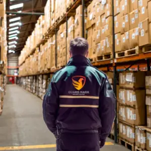 Security guard in Guard Mark uniform performs duties at warehouse or production site, ensuring safety and security. Security guard in Guard Mark uniform performs duties at warehouse or production site, ensuring safety and security.