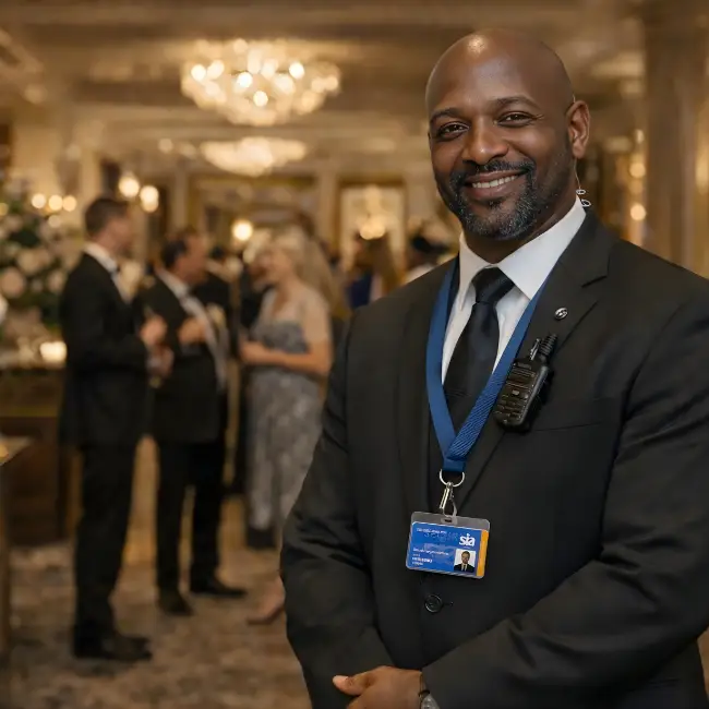 Professional wedding and hospitality event security guard in a formal black suit with ID badge and radio, standing confidently inside an elegant venue with guests socialising in the background.