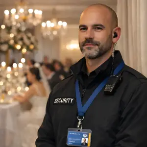 Professional wedding event security guard wearing a black uniform with ID badge, radio, and earpiece, standing attentively inside an elegant wedding venue with guests in the background.