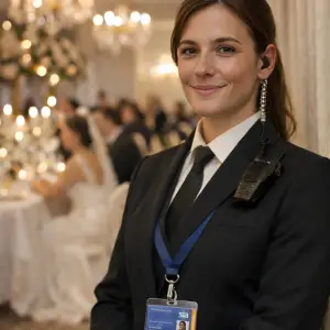 Female wedding event security guard in a formal black suit with ID badge, radio, and earpiece, standing professionally inside an elegant wedding reception venue.