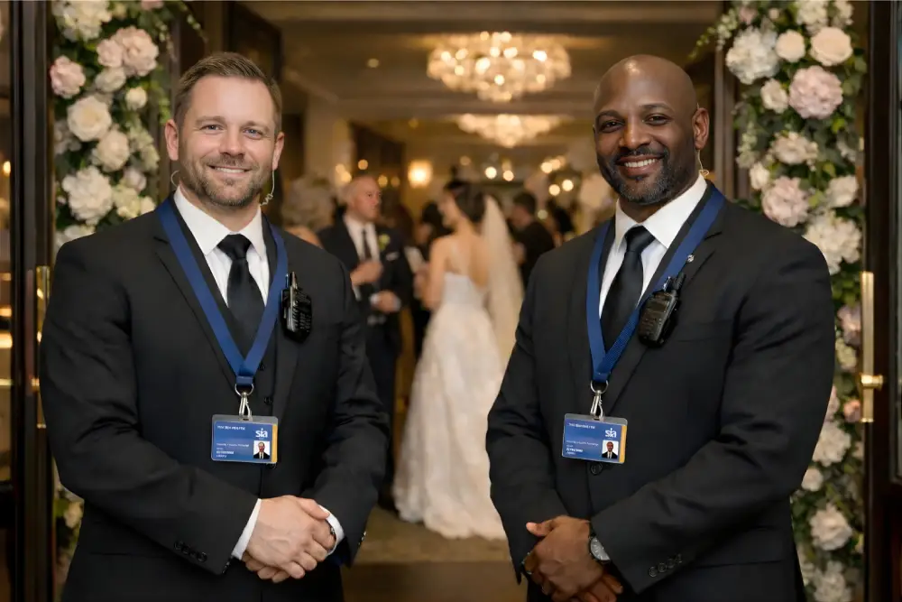 Two professional wedding event security guards in formal black suits with radios and ID badges standing at the entrance of an elegant wedding venue, with floral décour and guests visible in the background.