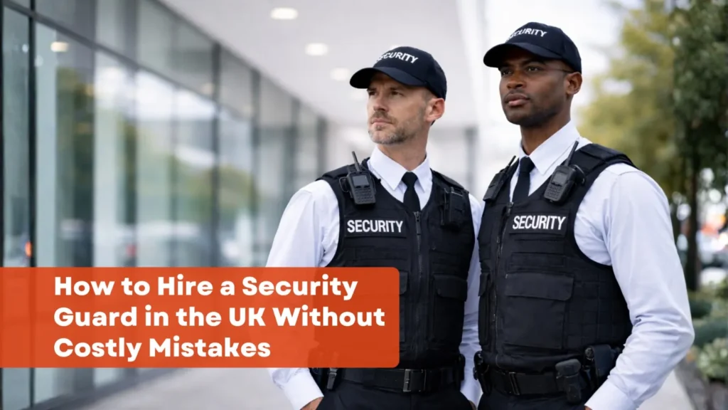 Two professional security guards in black uniforms and caps standing outside a modern office building, with overlay text reading “How to Hire a Security Guard in the UK Without Costly Mistakes.”