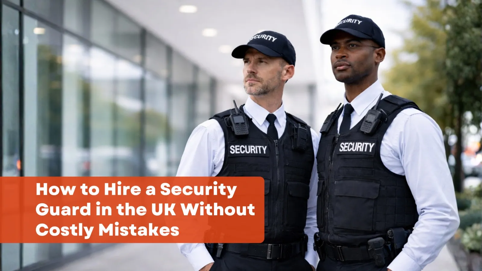 Two professional security guards in black uniforms and caps standing outside a modern office building, with overlay text reading “How to Hire a Security Guard in the UK Without Costly Mistakes.”