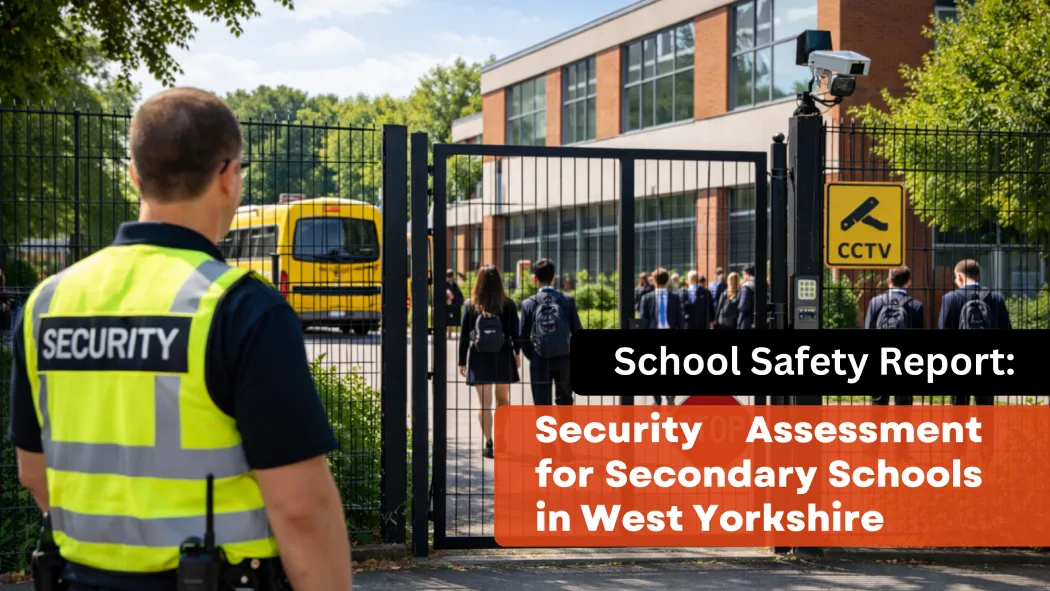 Security guard wearing a high visibility vest marked SECURITY stands at a gated secondary school entrance while students walk inside, with CCTV cameras, fencing, and a school building visible in the background.
