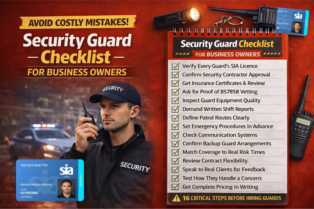 security guard checklist for business owners showing hiring requirements and safety verification steps