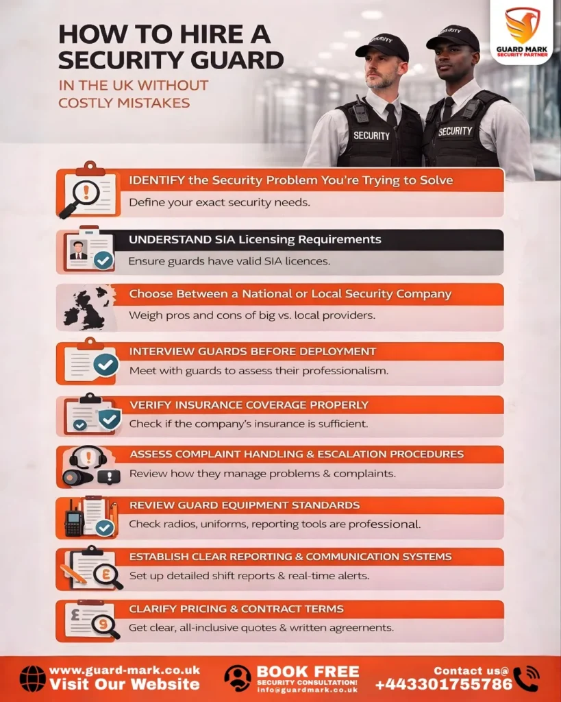 How to Hire a Security Guard in the UK infographic showing nine hiring steps (identify needs, SIA licensing, choose provider, interview guards, verify insurance, check complaints process, review equipment, set reporting, confirm pricing) with Guard Mark Security branding.