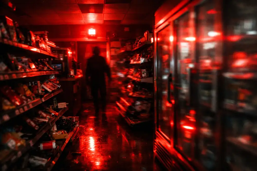 intruder silhouette inside shop at night with red alarm lights flashing and shelves visible in low light