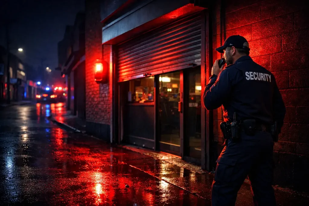 security guard responding to alarm outside commercial building at night with red flashing lights and emergency response scene