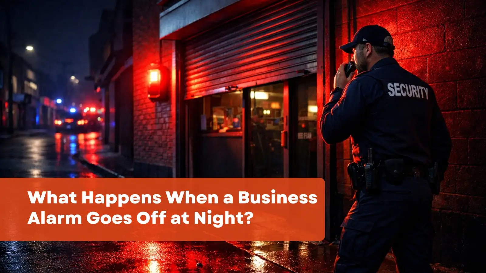 security guard responding to alarm outside commercial building at night with red flashing lights and emergency response scene