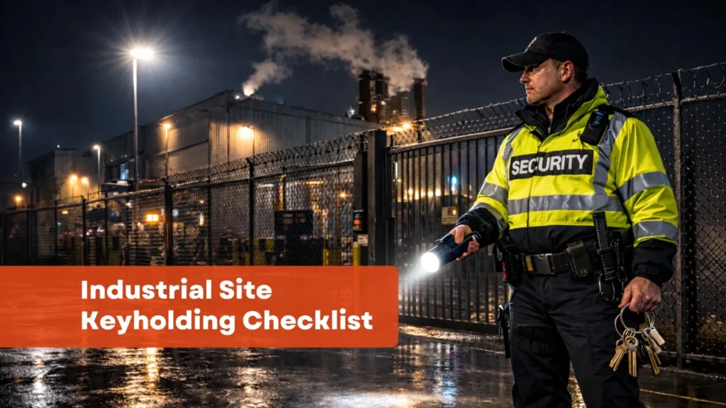 Industrial security guard performing night patrol at a factory site representing industrial site keyholding and alarm response security services
