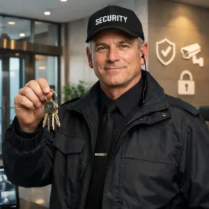 Professional security guard in black uniform and cap holding a set of keys inside a modern building security area, representing keyholding and alarm response services.