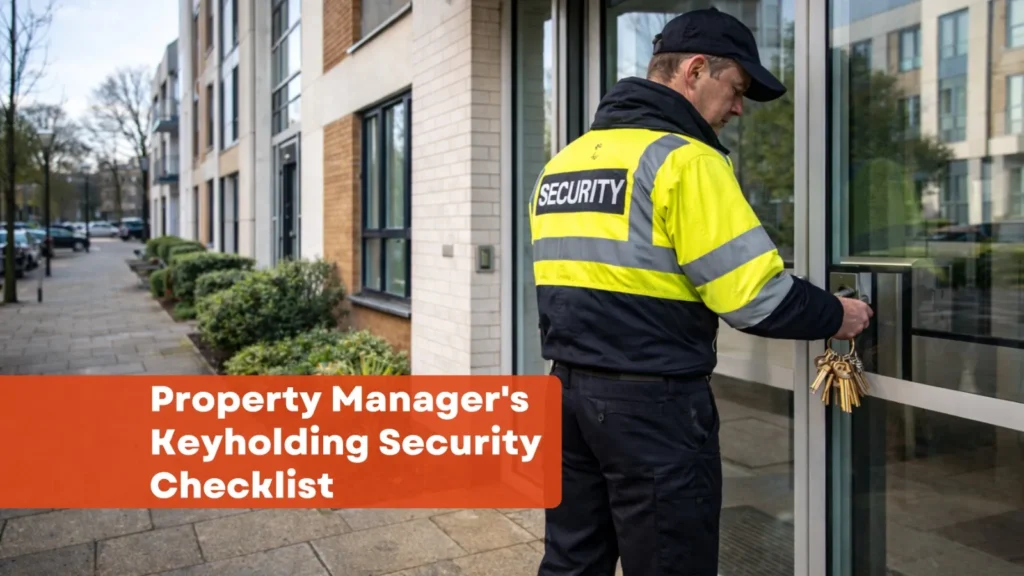 24/7 keyholding security officer unlocking commercial property during alarm response for property managers