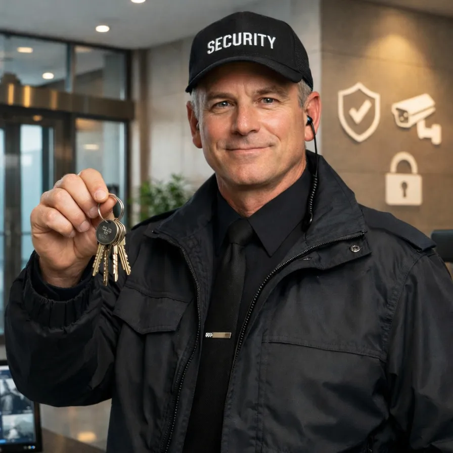 Professional security guard in black uniform and cap holding a set of keys inside a modern building security area, representing keyholding and alarm response services.