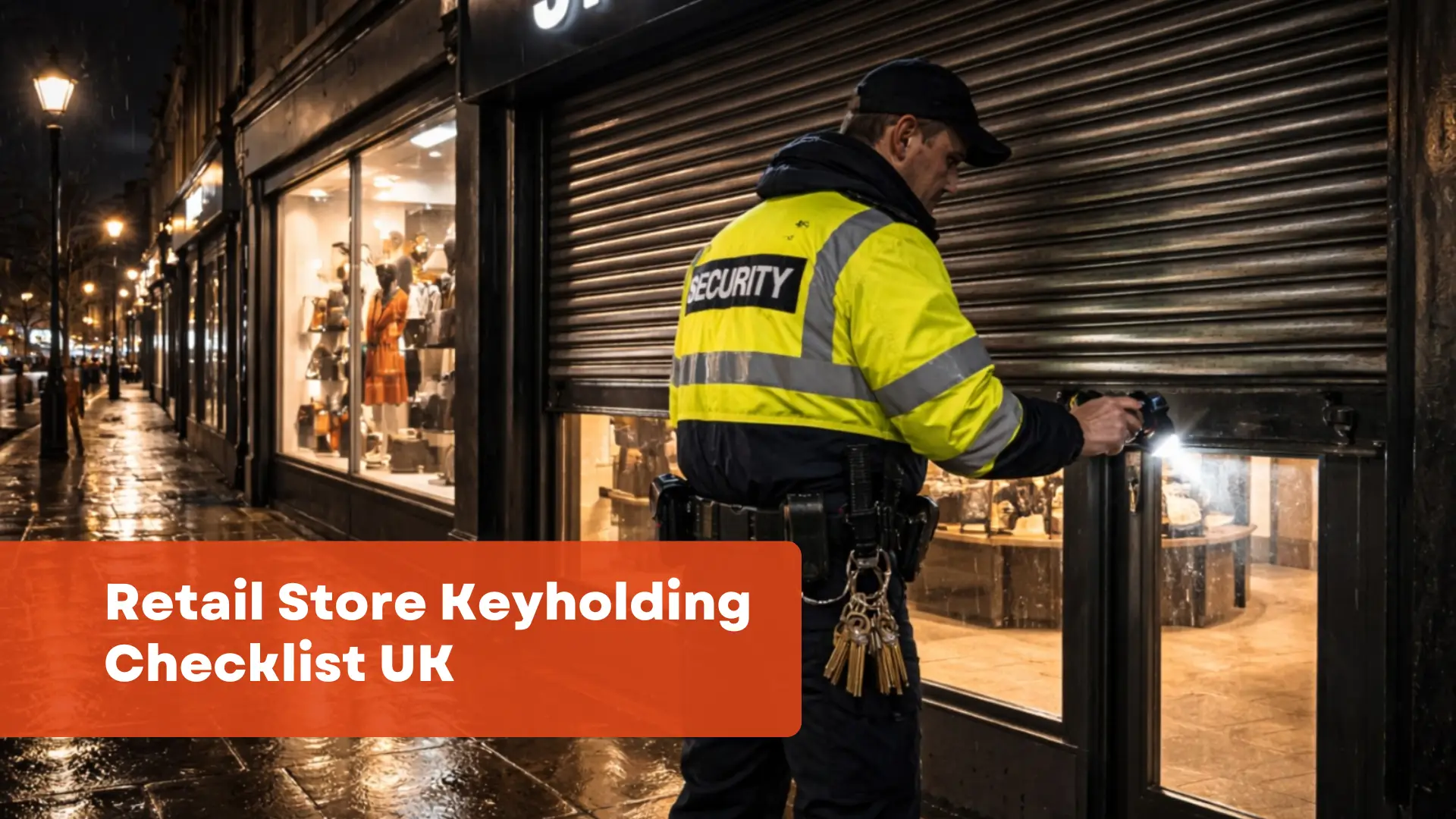 Security guard locking retail store with keyholding service at night in the UK high street