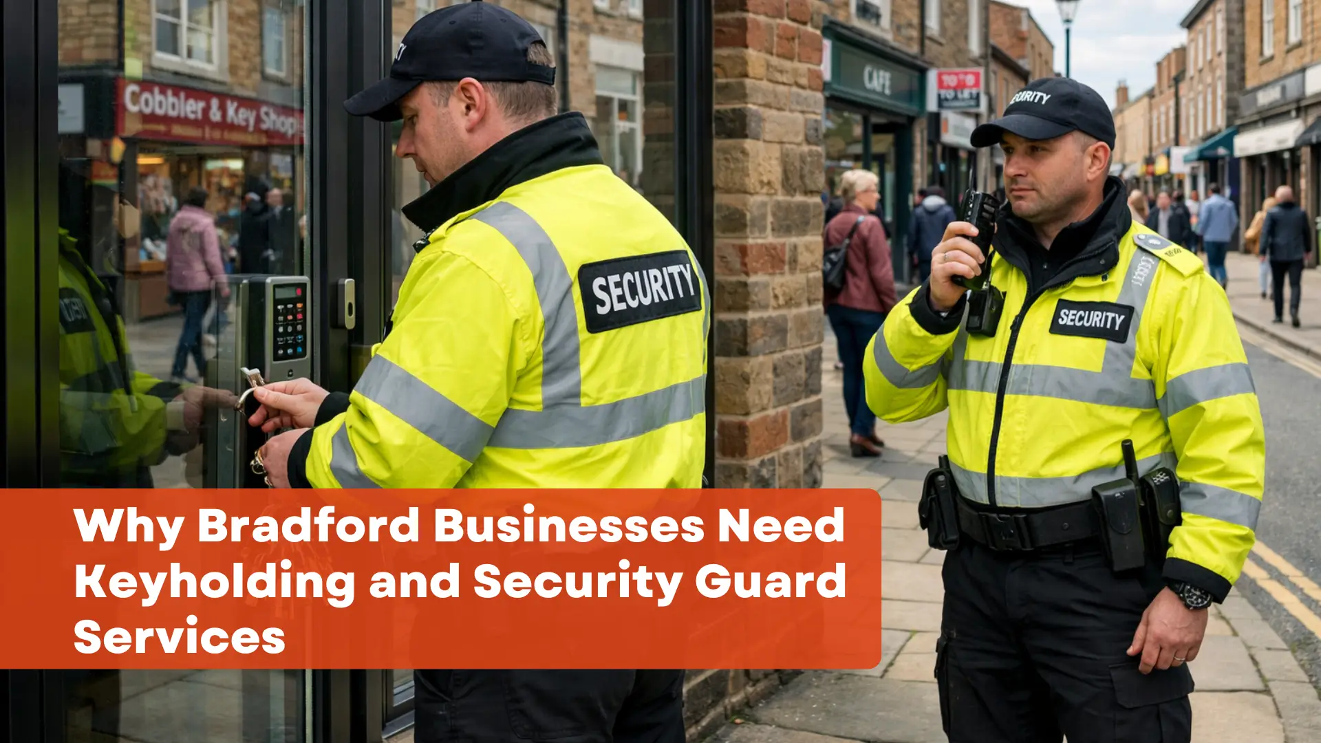 Security guards providing keyholding services outside a commercial property in Bradford, ensuring business safety and rapid alarm response