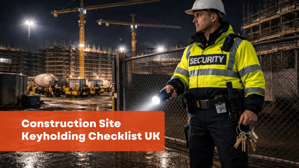 Security guard in high-visibility jacket and helmet holding keys and flashlight at a construction site at night with cranes in the background.