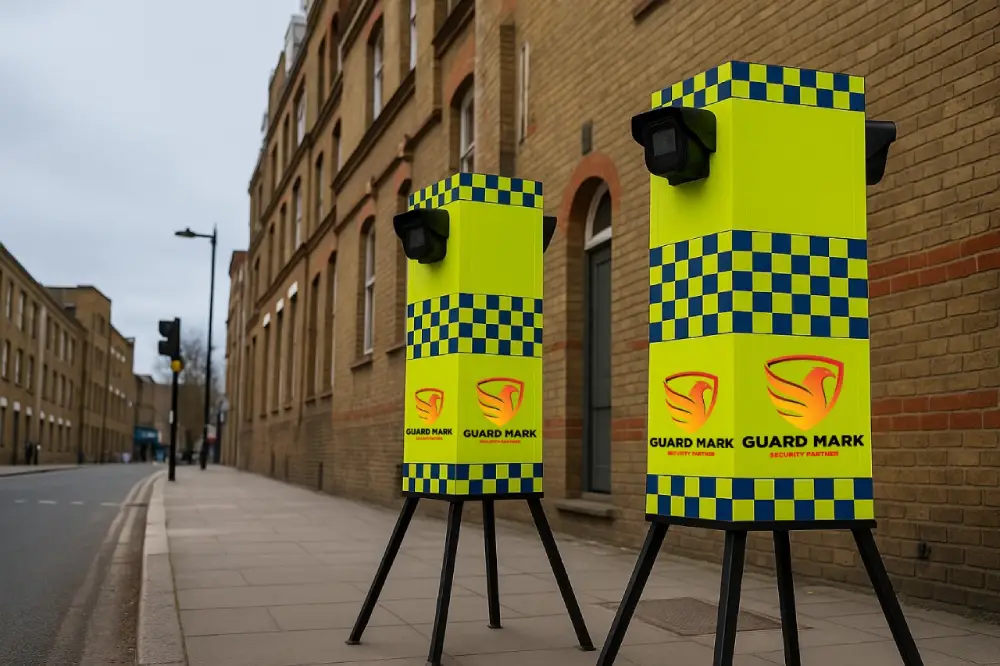 Mobile CCTV security towers installed outside vacant property for 24/7 surveillance and protection