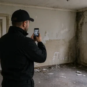 Vacant property inspection showing interior damage, mold, peeling paint, and debris in an abandoned home